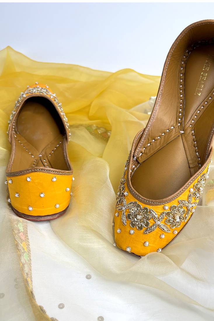 Nora: Hand embroidery Punjabi Jutti - Yellow - Dabka and sequin work on silk base
