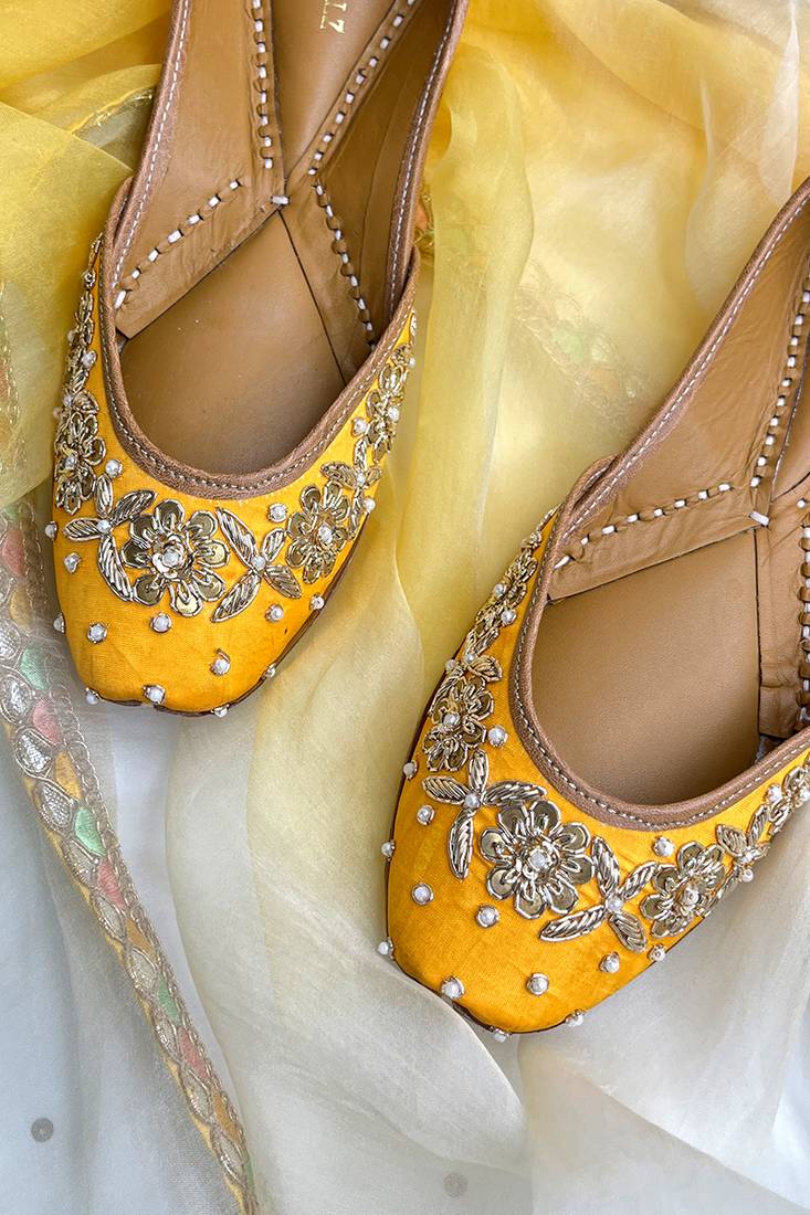 Nora: Hand embroidery Punjabi Jutti - Yellow - Dabka and sequin work on silk base