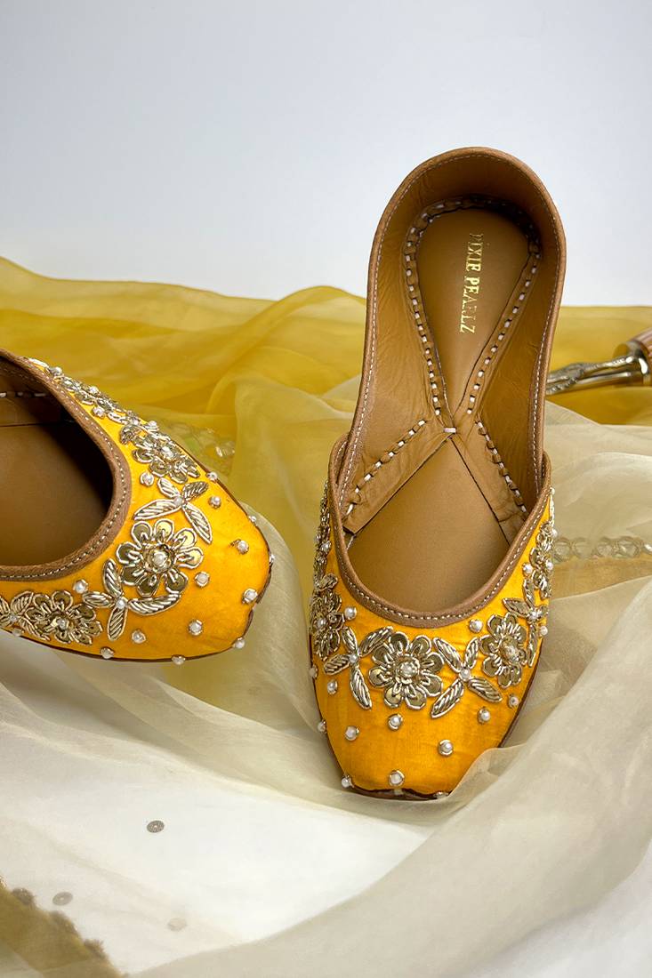 Nora: Hand embroidery Punjabi Jutti - Yellow - Dabka and sequin work on silk base