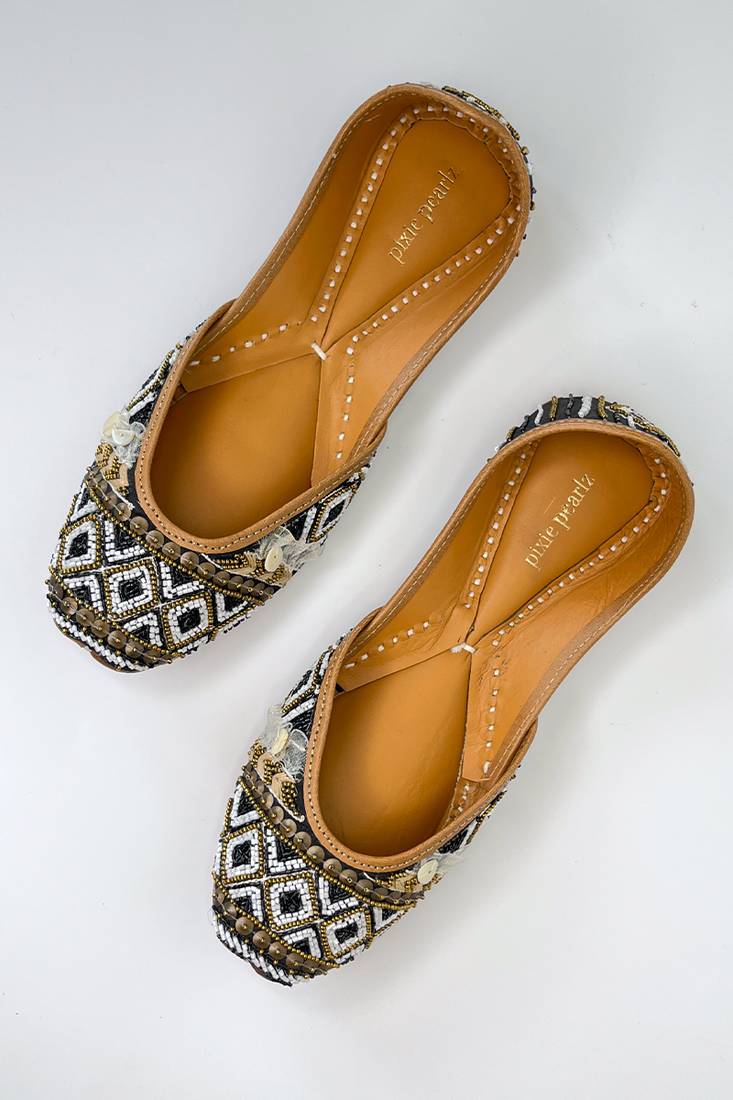 GYPSY: Hand embroidery Punjabi Jutti - BLACK -Beads and shells work on silk base