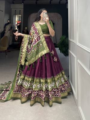 Wine Color Tussar Silk With Patola Print foil work Lehenga Choli For Women  1