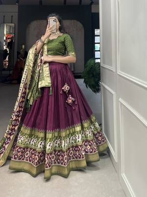 Wine Color Tussar Silk With Patola Print foil work Lehenga Choli For Women  4