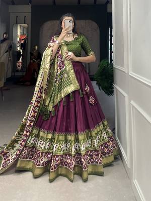 Wine Color Tussar Silk With Patola Print foil work Lehenga Choli For Women  5