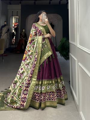 Wine Color Tussar Silk With Patola Print foil work Lehenga Choli For Women  6