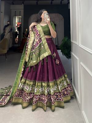 Wine Color Tussar Silk With Patola Print foil work Lehenga Choli For Women  7