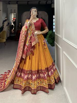 Mustard Color Tussar Silk With Patola Print foil work Lehenga Choli For Women  1