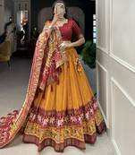 Mustard Color Tussar Silk With Patola Print foil work Lehenga Choli For Women