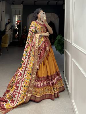 Mustard Color Tussar Silk With Patola Print foil work Lehenga Choli For Women  5