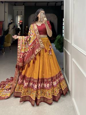 Mustard Color Tussar Silk With Patola Print foil work Lehenga Choli For Women  6