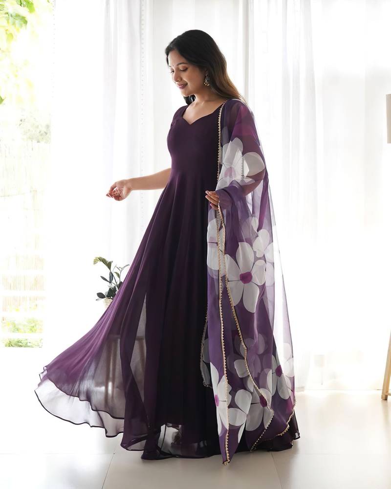 Dark Wine Colour Pure Soft Fox Georgette Fully Flair Gown With Dupatta 