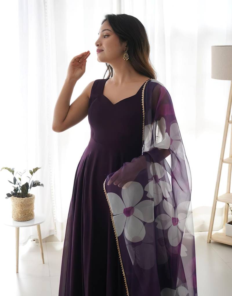 Dark Wine Colour Pure Soft Fox Georgette Fully Flair Gown With Dupatta 