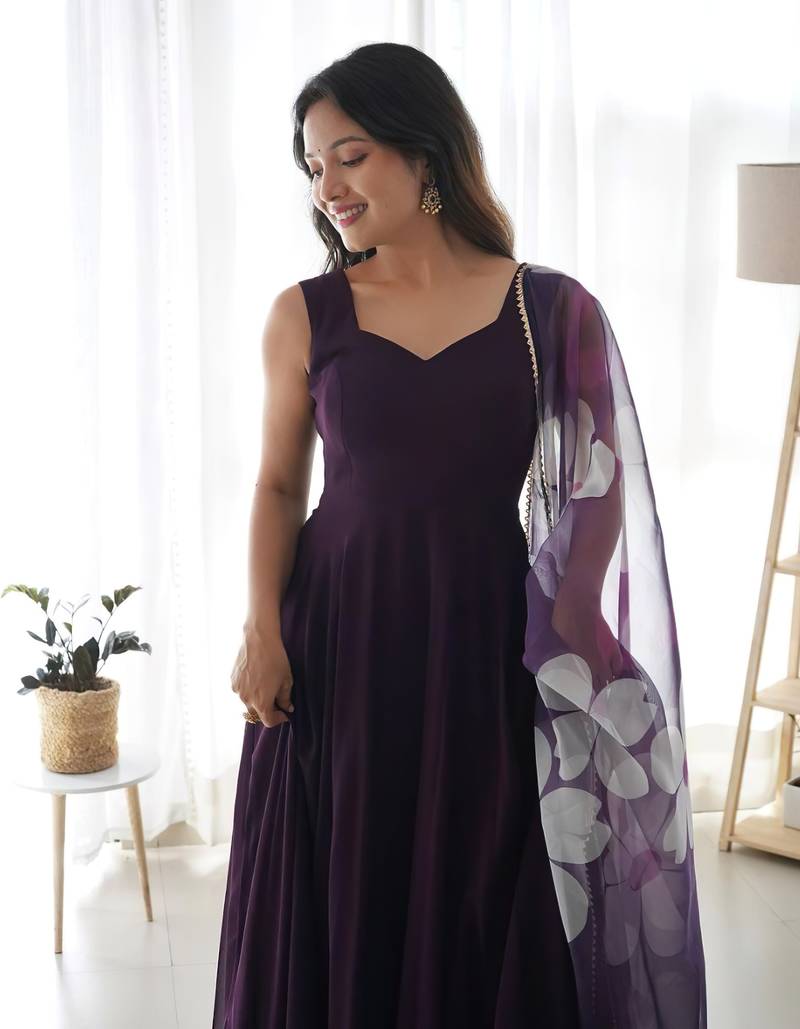 Dark Wine Colour Pure Soft Fox Georgette Fully Flair Gown With Dupatta 