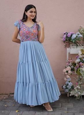 Sky Blue Faux Georgette With Rich Floral Position Print work Gown 1