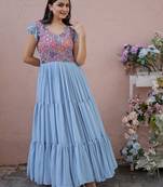Sky Blue Faux Georgette With Rich Floral Position Print work Gown