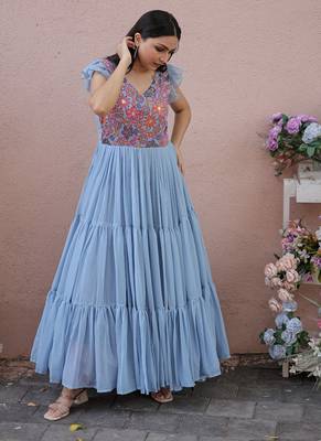 Sky Blue Faux Georgette With Rich Floral Position Print work Gown 2