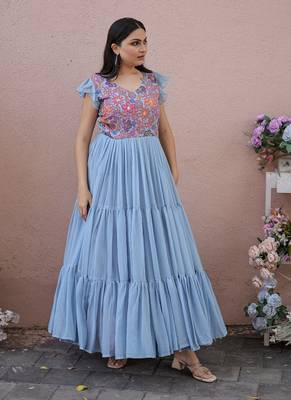 Sky Blue Faux Georgette With Rich Floral Position Print work Gown 3