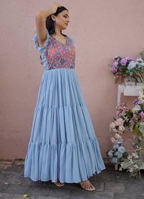 Sky Blue Faux Georgette With Rich Floral Position Print work Gown 4