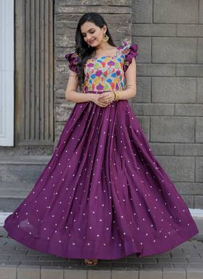 Wine Maslin and Chinon with Embroidered work Gown 1