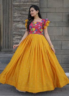 Yellow Maslin and Chinon with Embroidered work Gown 1
