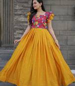 Yellow Maslin and Chinon with Embroidered work Gown