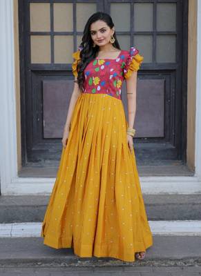 Yellow Maslin and Chinon with Embroidered work Gown 2