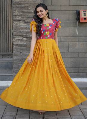 Yellow Maslin and Chinon with Embroidered work Gown 3