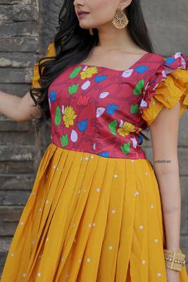 Yellow Maslin and Chinon with Embroidered work Gown 4