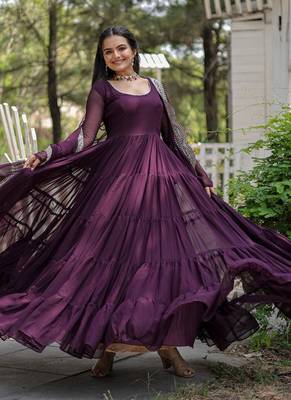 Wine Georgette Embroidered Work Gown With Dupatta 1
