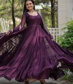 Wine Georgette Embroidered Work Gown With Dupatta