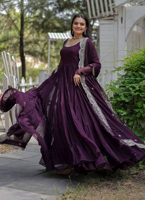 Wine Georgette Embroidered Work Gown With Dupatta 2