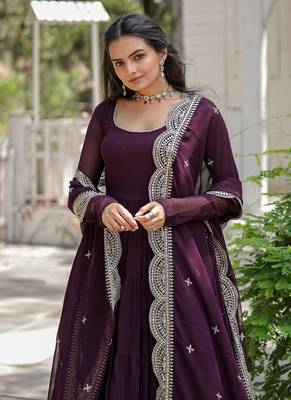 Wine Georgette Embroidered Work Gown With Dupatta 3