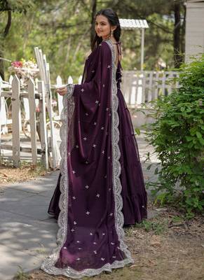 Wine Georgette Embroidered Work Gown With Dupatta 4
