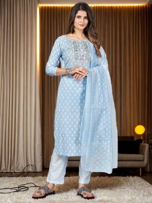 Vbuyz Women's Sky Blue Embroidered Cotton Straight Stiched Kurta Pant With Dupatta Set 1