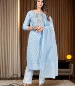 Vbuyz Women's Sky Blue Embroidered Cotton Straight Stiched Kurta Pant With Dupatta Set