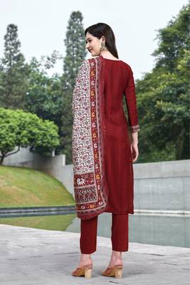 Trendmalls  Olive Maroon Cotton Sequence Embroidery Party Wear Kurta Pant with Dupatta Salwar Suit Set 2
