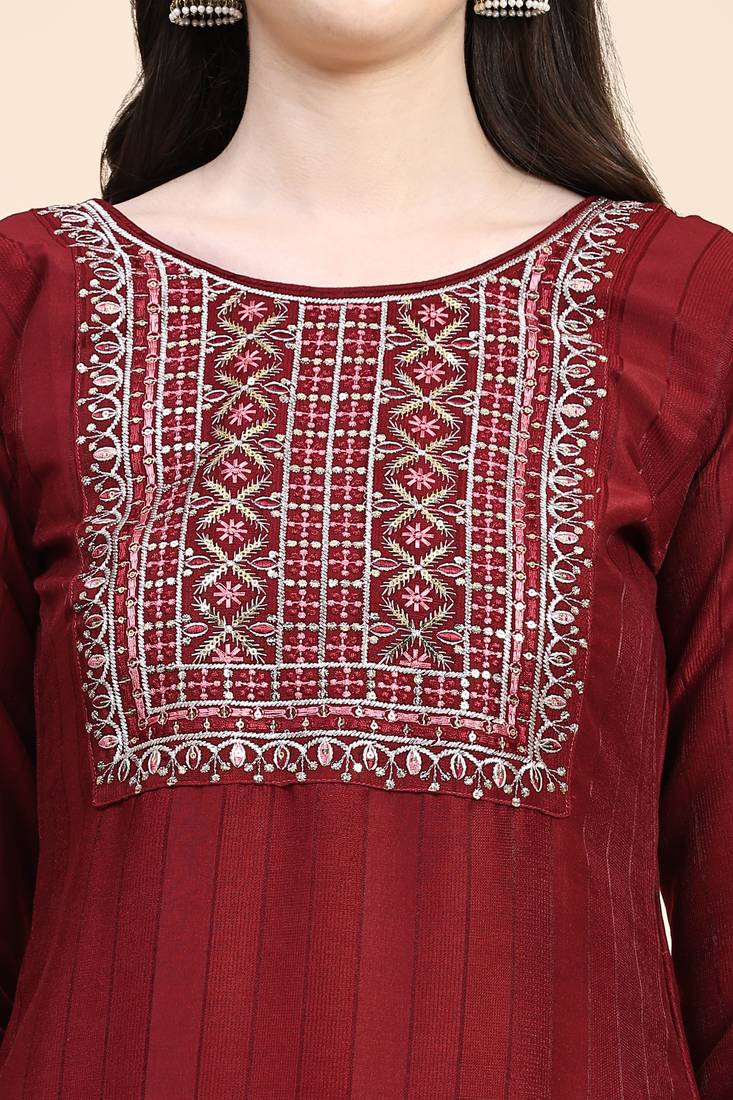 Trendmalls  Olive Maroon Cotton Sequence Embroidery Party Wear Kurta Pant with Dupatta Salwar Suit Set