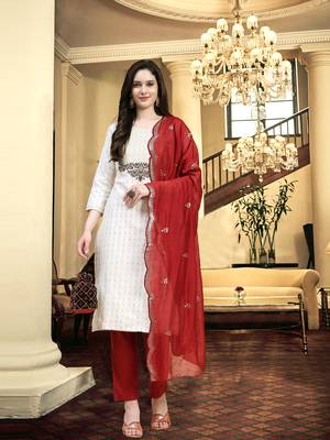 Trendmalls Women's Off white Cotton Embroidery Kurta Pant with Dupatta 3 pieces Salwar Suit Set 1