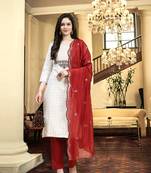 Trendmalls Women's Off white Cotton Embroidery Kurta Pant with Dupatta 3 pieces Salwar Suit Set