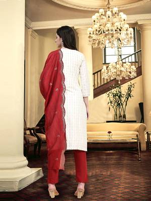 Trendmalls Women's Off white Cotton Embroidery Kurta Pant with Dupatta 3 pieces Salwar Suit Set 3