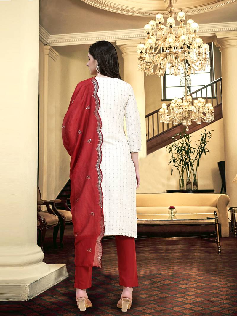 Trendmalls Women's Off white Cotton Embroidery Kurta Pant with Dupatta 3 pieces Salwar Suit Set