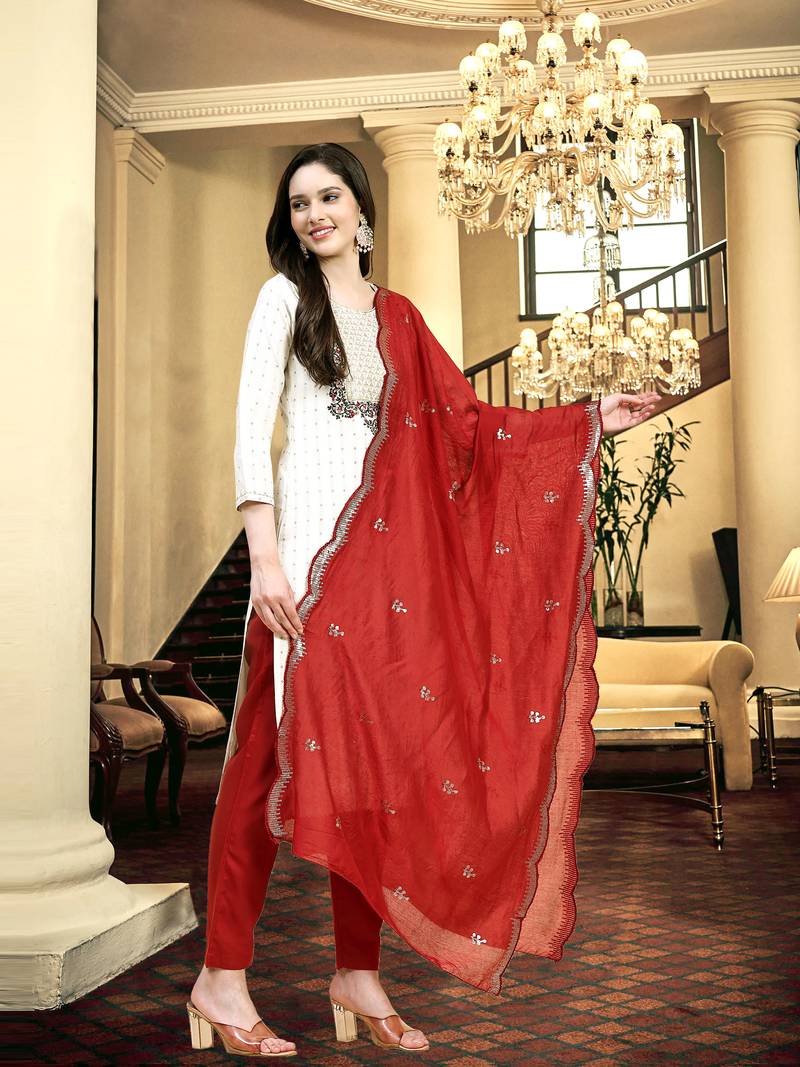 Trendmalls Women's Off white Cotton Embroidery Kurta Pant with Dupatta 3 pieces Salwar Suit Set