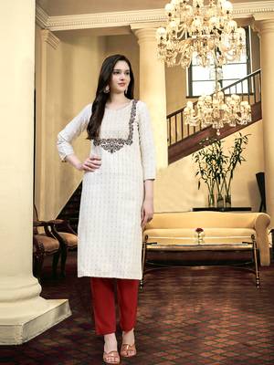 Trendmalls Women's Off white Cotton Embroidery Kurta Pant with Dupatta 3 pieces Salwar Suit Set 6