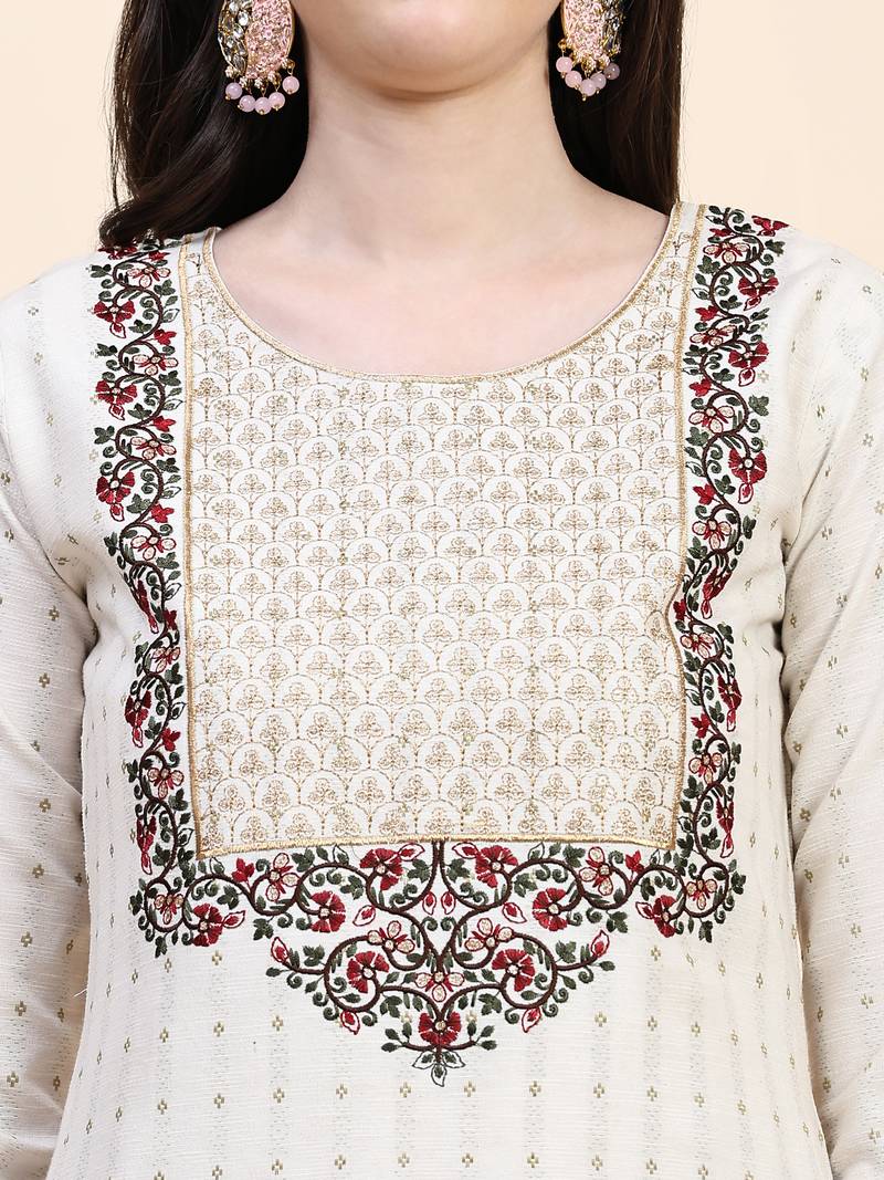 Trendmalls Women's Off white Cotton Embroidery Kurta Pant with Dupatta 3 pieces Salwar Suit Set