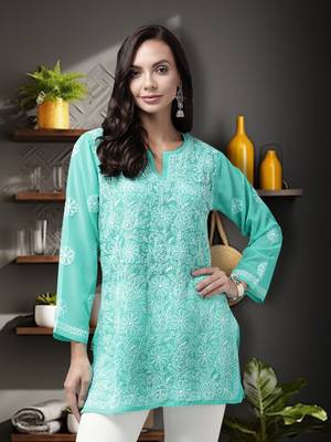 Hand Embroidered Green Georgette Lucknowi Chikan Women Short Kurti 7