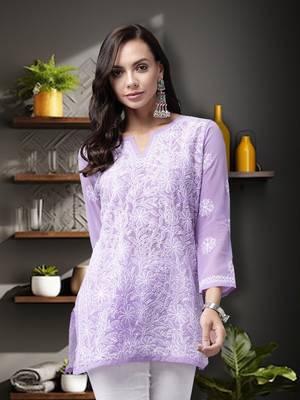 Hand Embroidered Mauve Georgette Lucknowi Chikankari Women Short Kurti 7