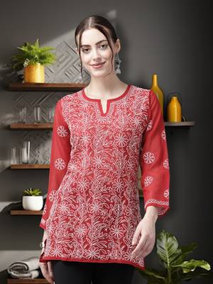 Hand Crafted Red Georgette Lucknowi Chikankari Indian Women Straight Short Kurti 7