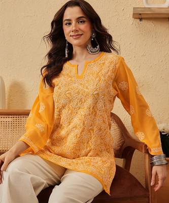 Handmade Yellow Georgette Lucknowi Chikankari Indian Women Straight Short Kurti 6
