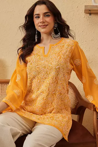 Handmade Yellow Georgette Lucknowi Chikankari Indian Women Straight Short Kurti