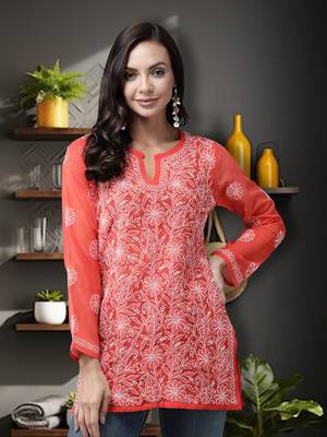 Hand Embroidered Rust Georgette Lucknowi Chikankari Trendy Women Short Kurti 7