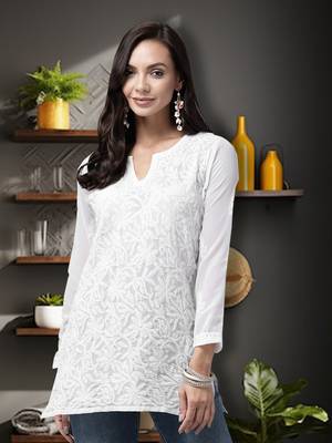 Hand Embroidered White Georgette Lucknowi Chikankari Women Short Kurti 7